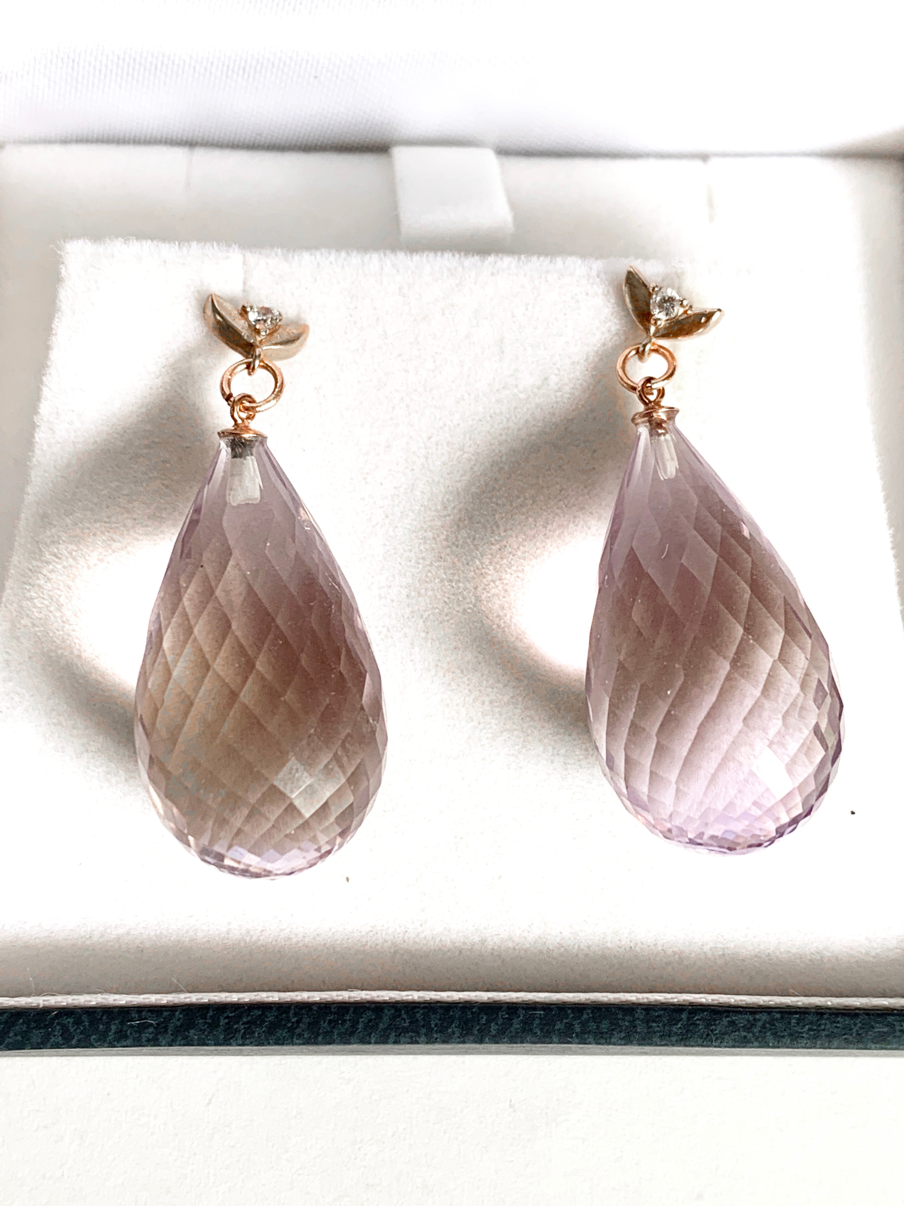 Rose Amethyst Briolette Drop Earrings in 14K Rose Gold with Lab-Created Diamond