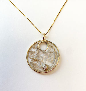 Filigree Pendant Necklace with .25ct Lab Created Diamond in 14K Yellow Gold and Fine Silver
