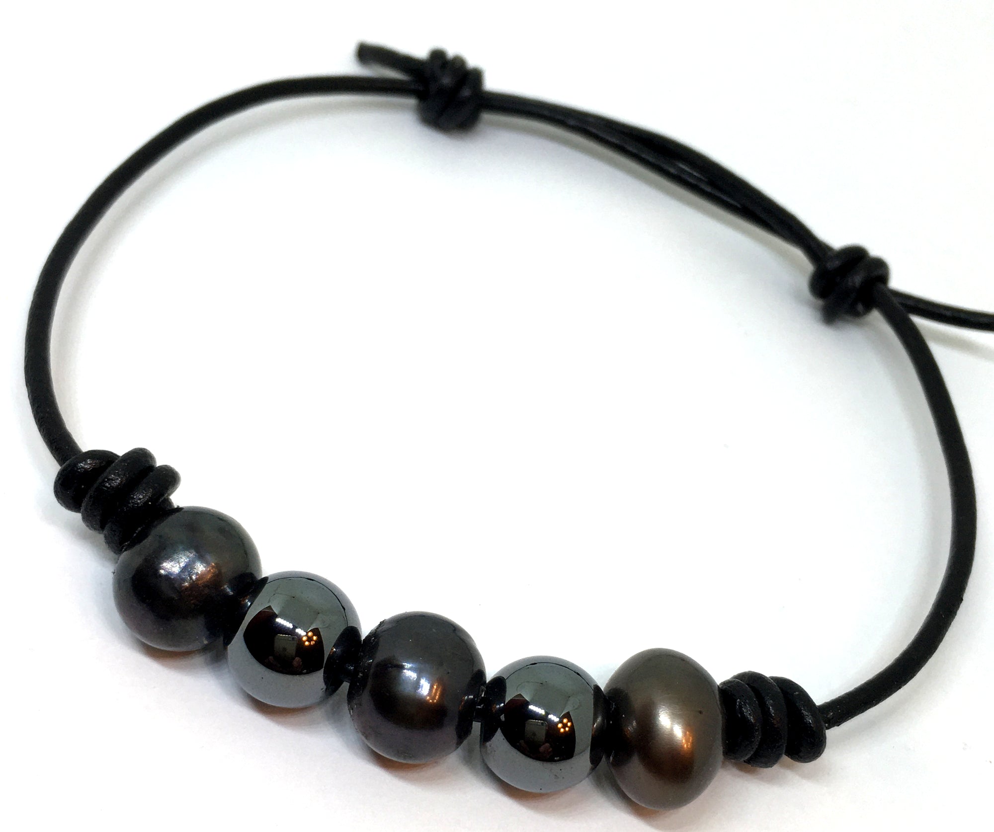 Black Peacock Pearl and Hematite Knotted Leather Bracelet for Men and Women