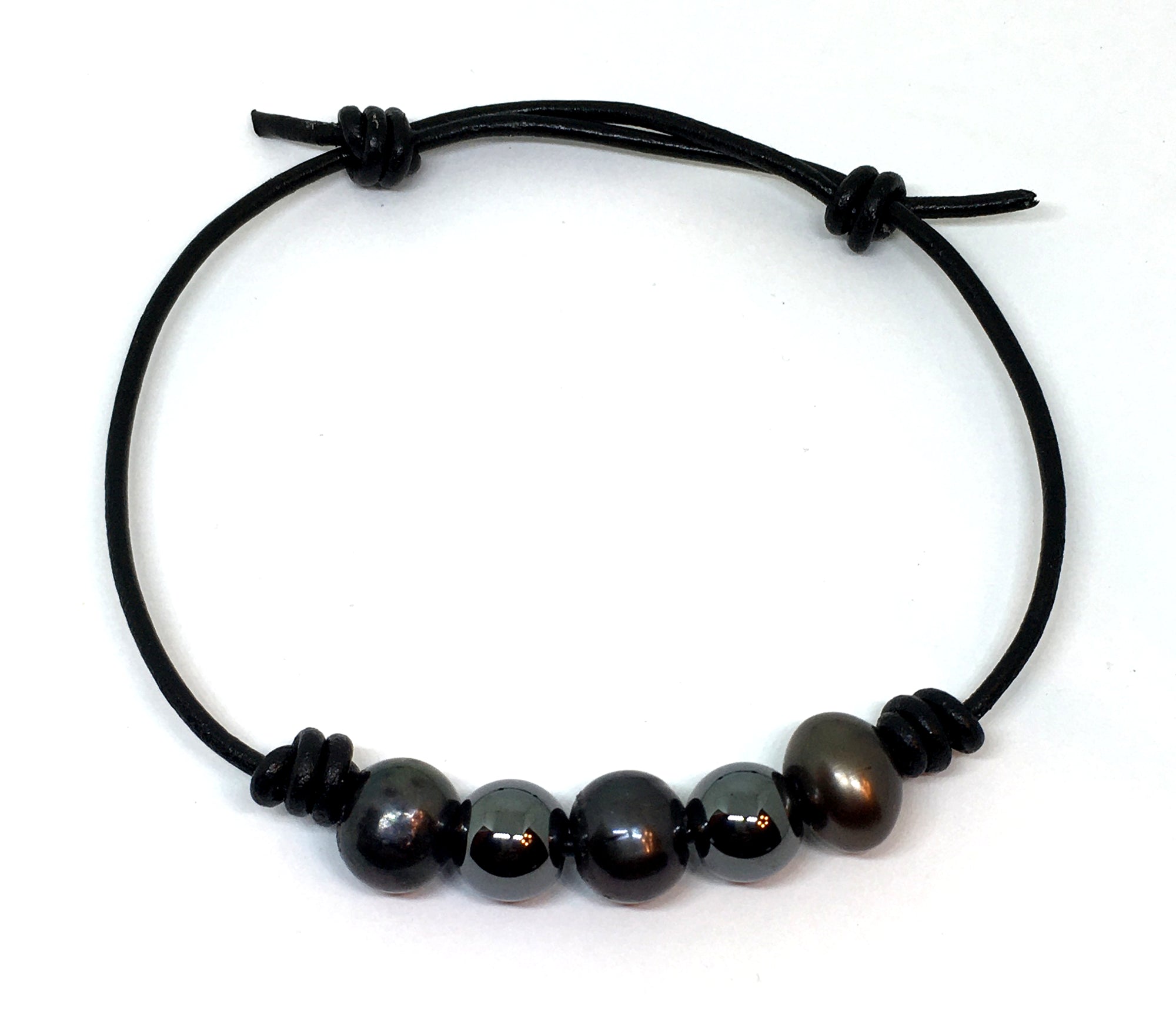 Black Peacock Pearl and Hematite Knotted Leather Bracelet for Men and Women