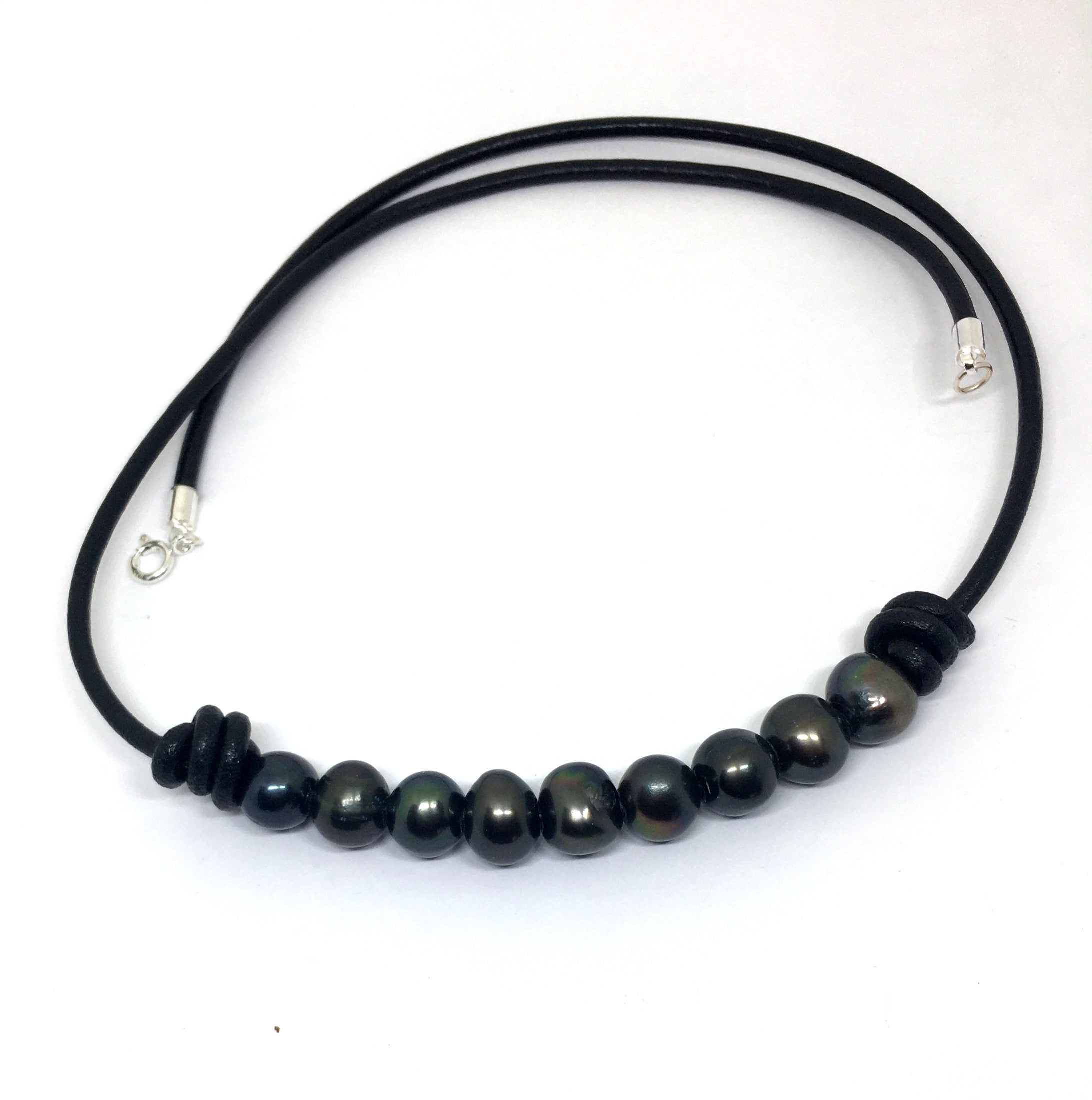 Black Pearl Barrel Knot Leather Necklace for Men and Women