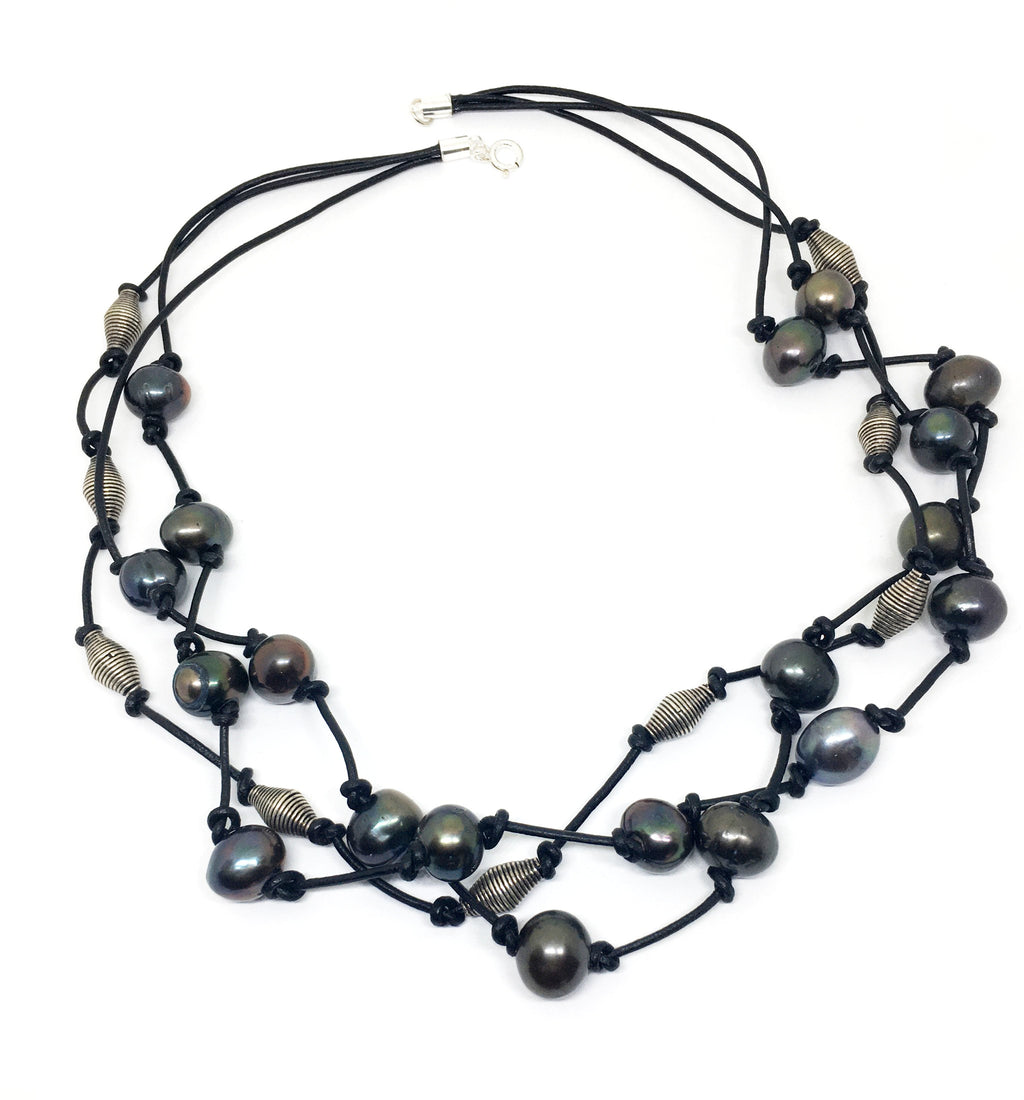 Freshwater Black Pearl and Silver Coil Bead Leather Knotted Triple Strand Necklace