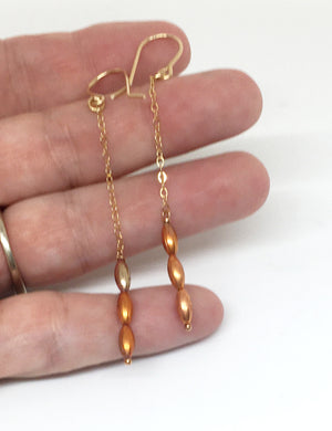 Flame Painted Long Skinny Copper Earrings with Gold Filled Earwires