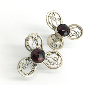 handmade silver filigree flower post earrings with red garnets