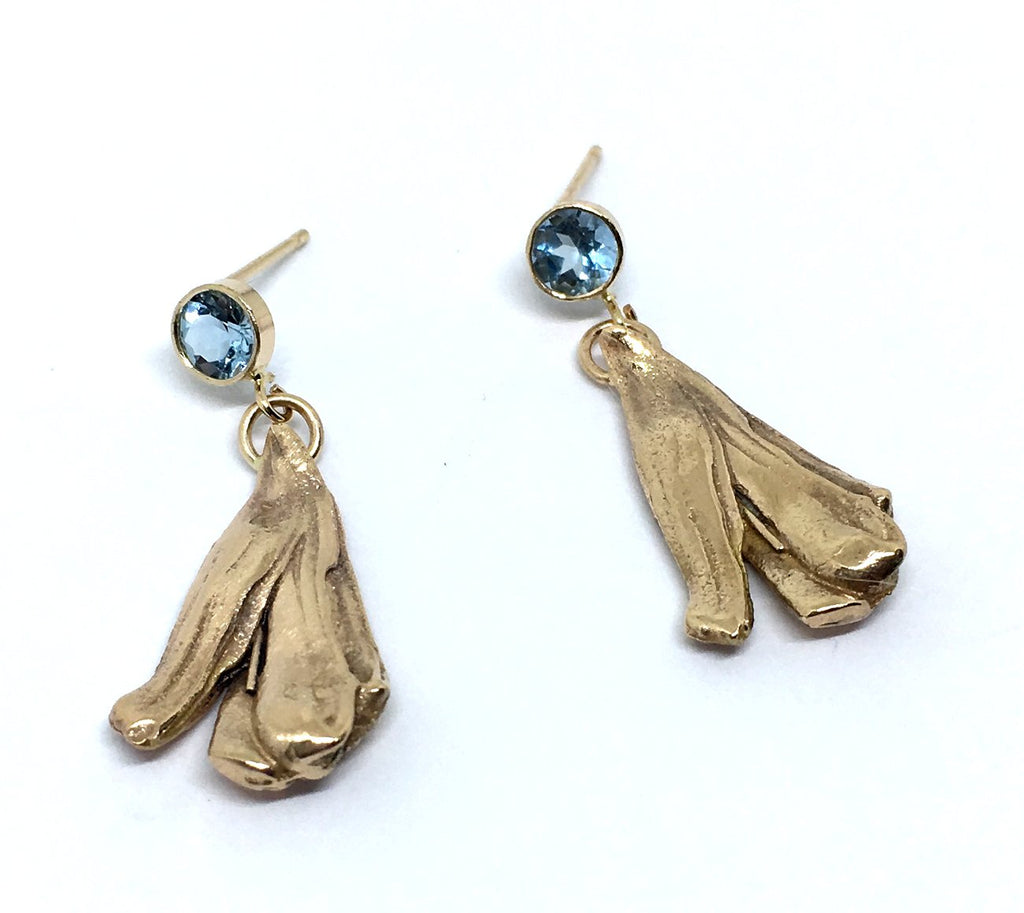 14K solid yellow gold mitsuro hikime dangle earrings with round faceted aquamarines