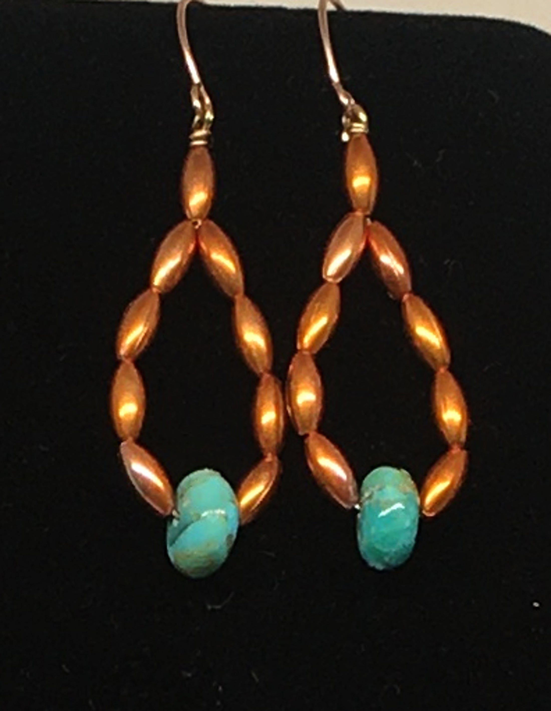 Kingman Turquoise and Flame Painted Oval Copper Bead Hoop Earrings - Sonoran Sunset Collection