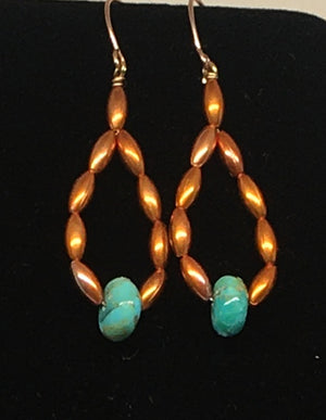 Kingman Turquoise and Flame Painted Oval Copper Bead Hoop Earrings - Sonoran Sunset Collection
