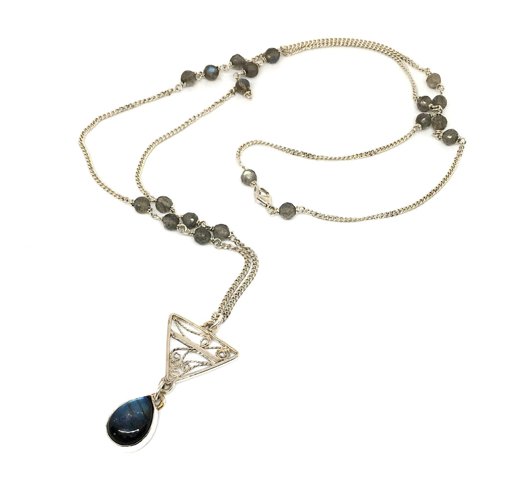 handmade silver filigree long necklace with labradorite