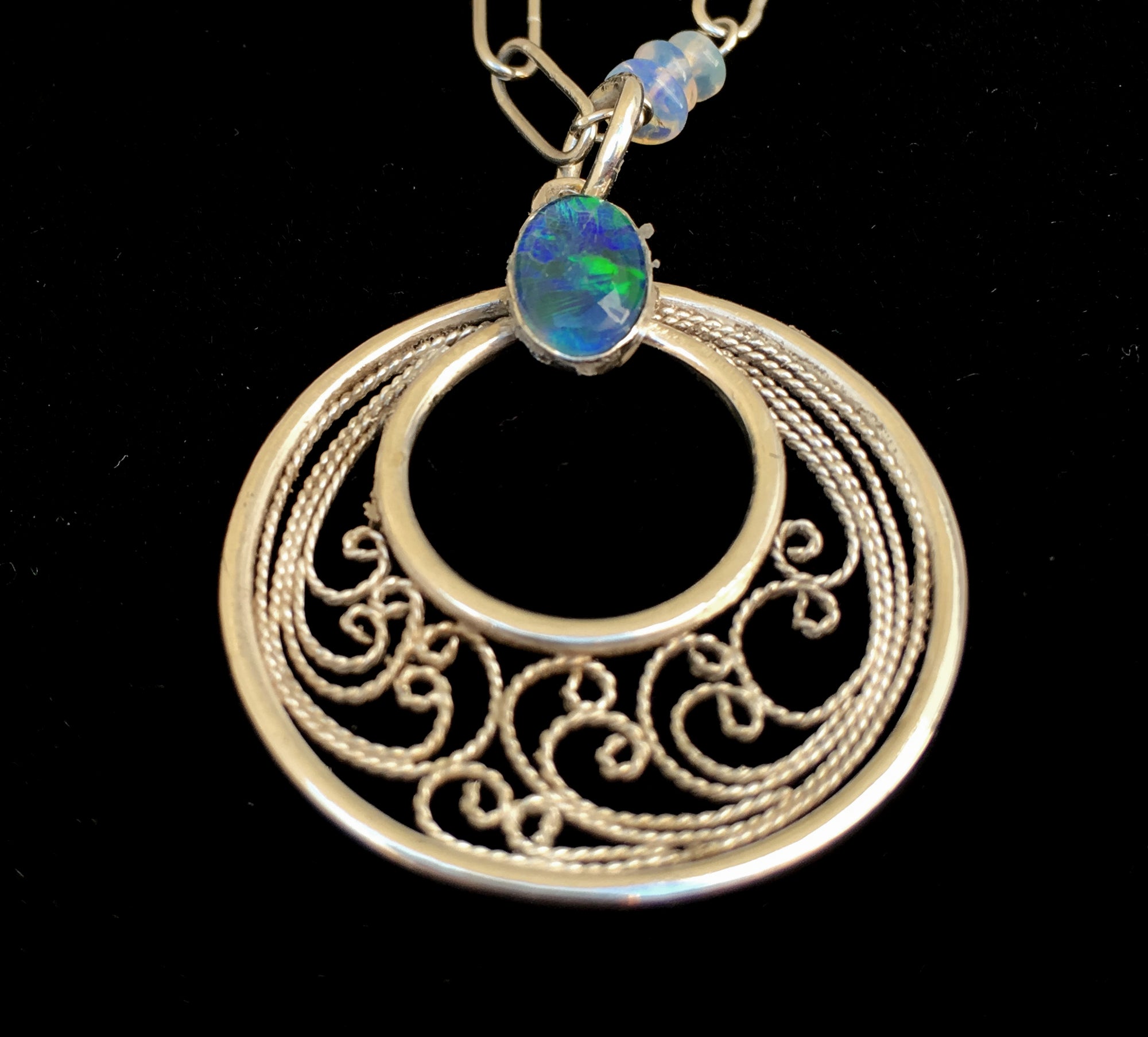Silver Filigree Black Opal Pendant with Handmade Opal Chain