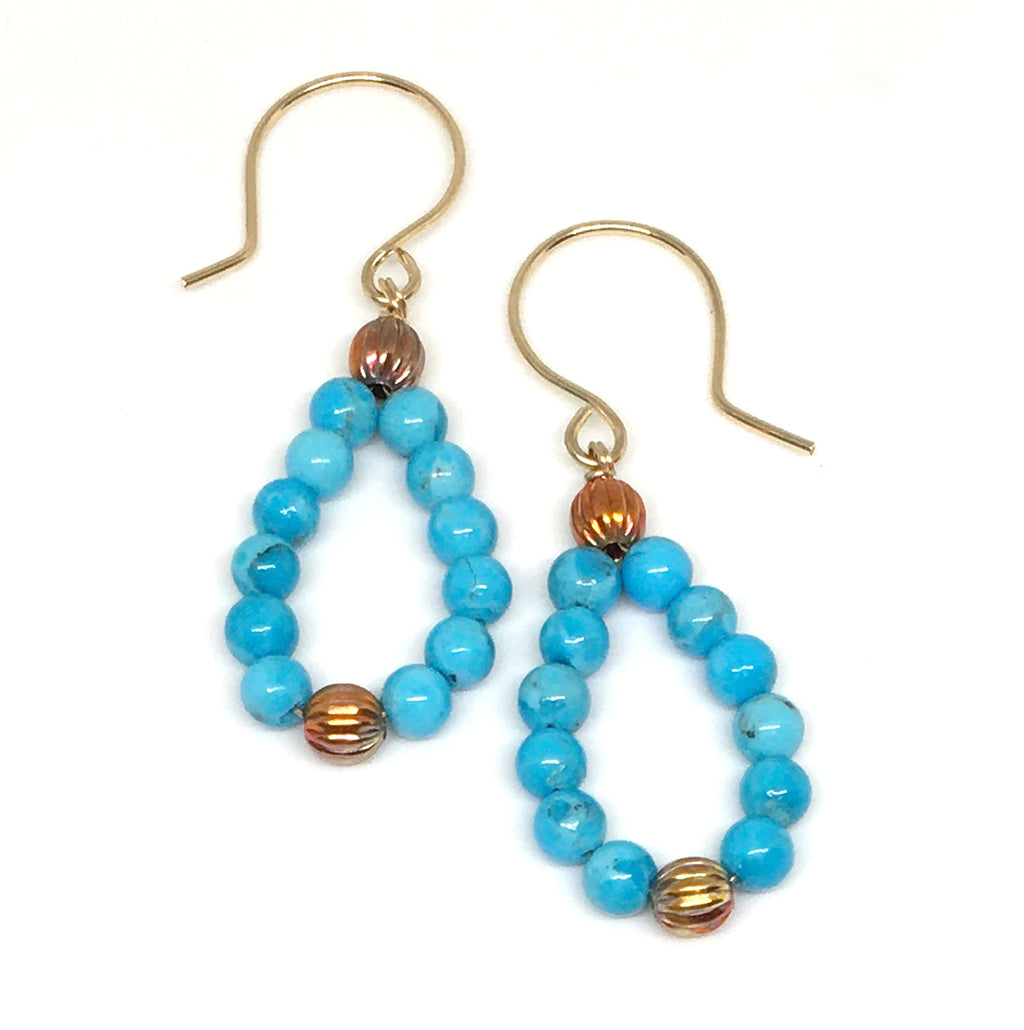Kingman Turquoise and Flame Painted Copper Bead Hoop Earrings - Sonoran Sunset Collection