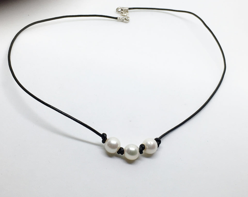 Triple Pearl Knotted Leather Necklace comes in 5 lengths