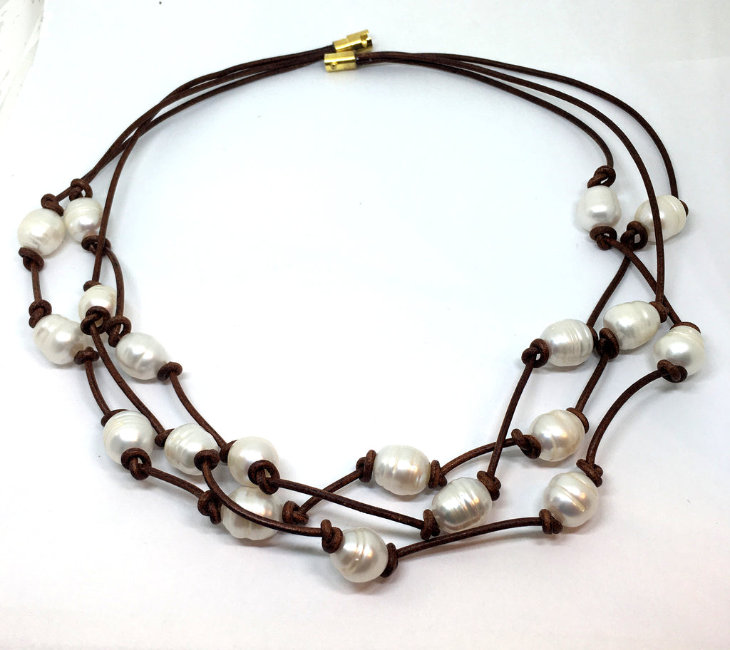 triple strand white baroque pearl knotted leather necklace