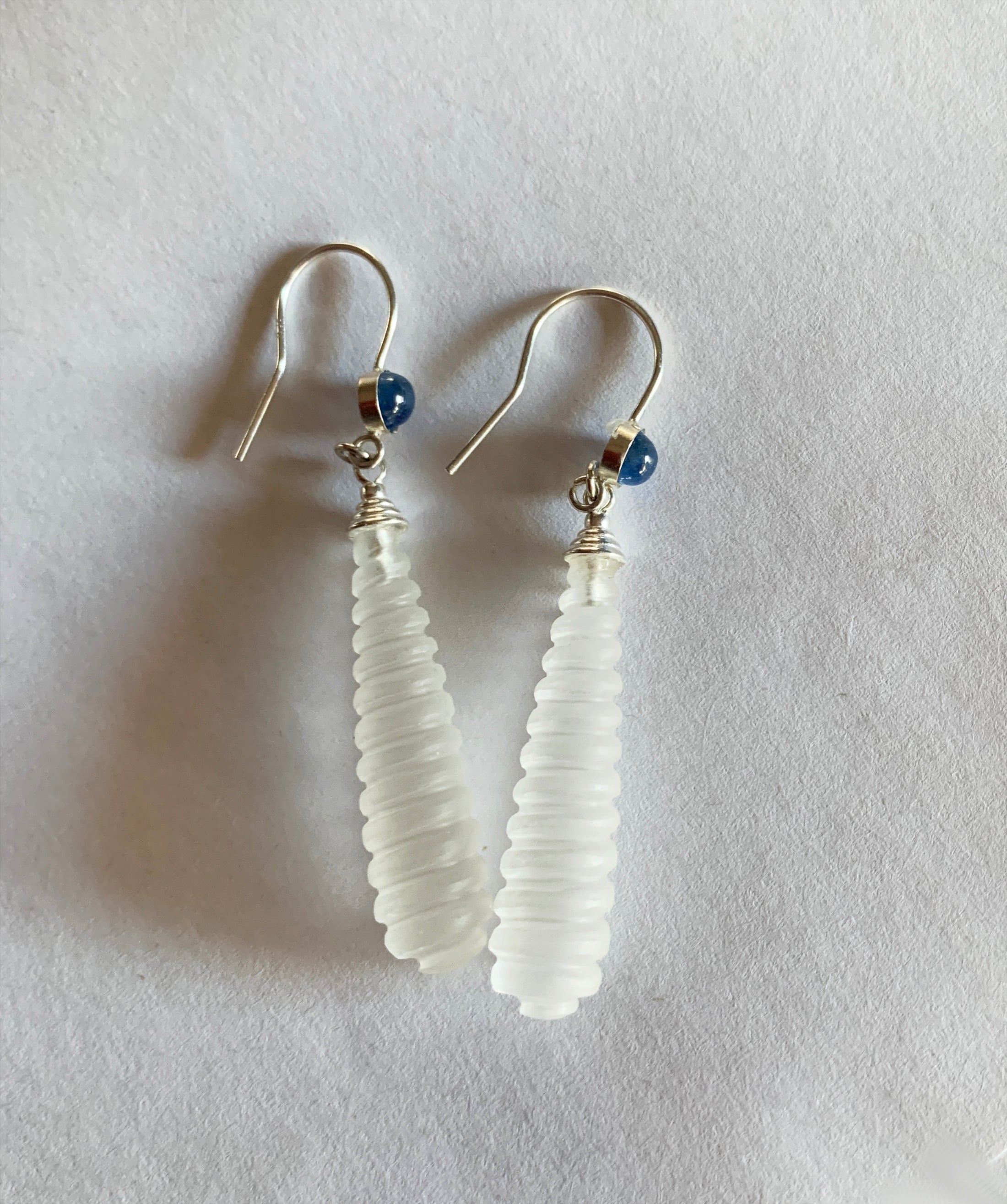 Carved Frosted Quartz Drop Earrings with Sapphire in Sterling Silver