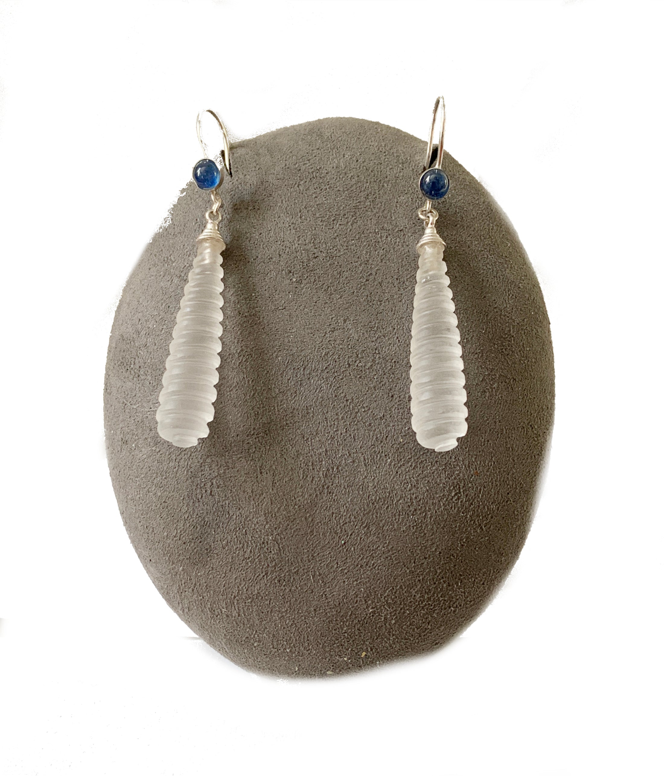 Carved Frosted Quartz Drop Earrings with Sapphire in Sterling Silver