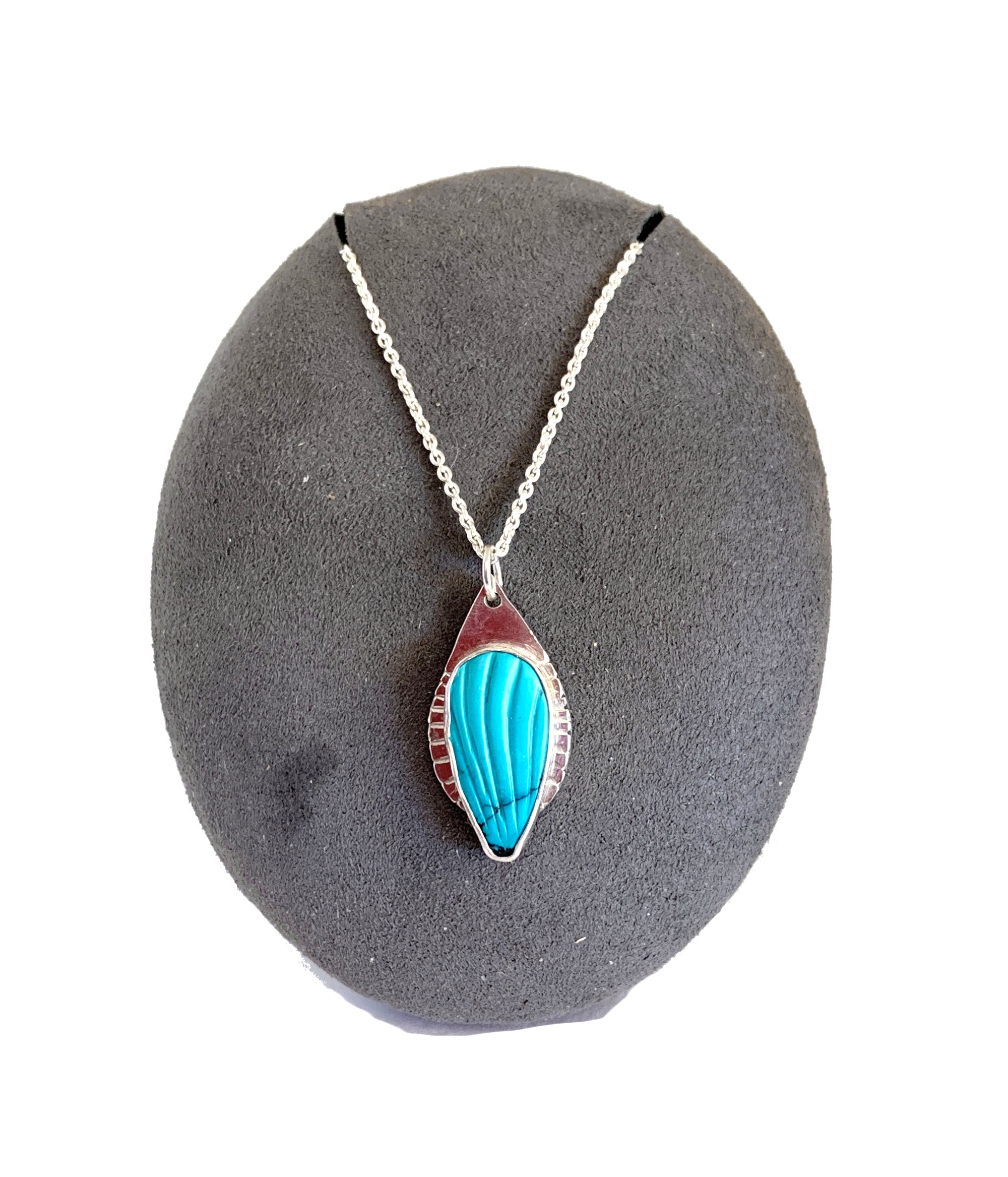 Carved Turquoise Pendant Necklace in Sterling Silver