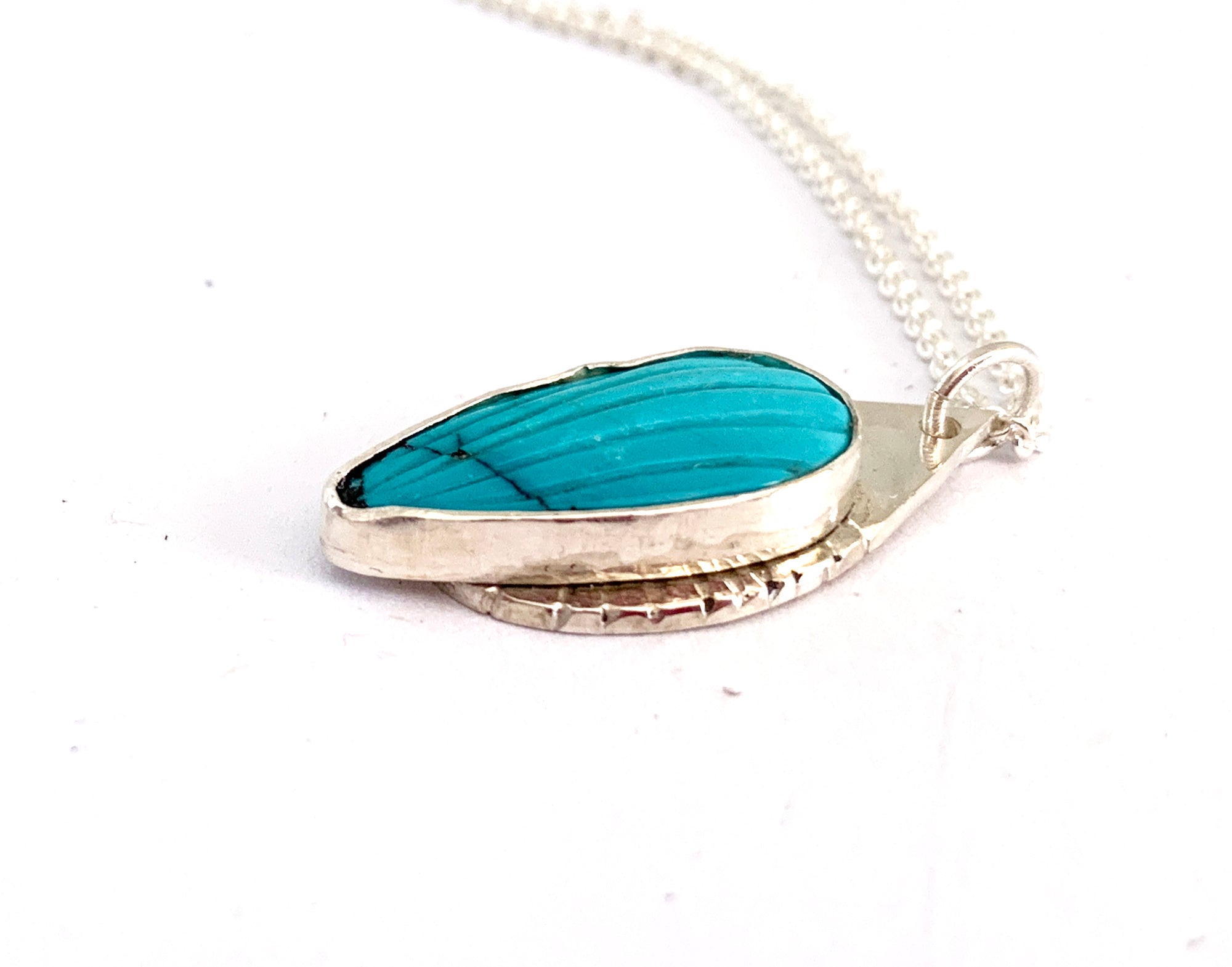 Carved Turquoise Pendant Necklace in Sterling Silver