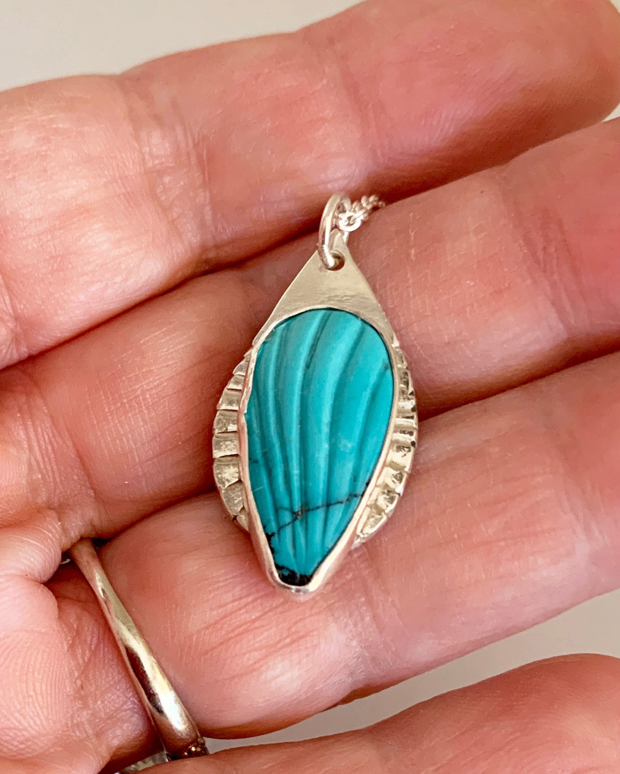 Carved Turquoise Pendant Necklace in Sterling Silver