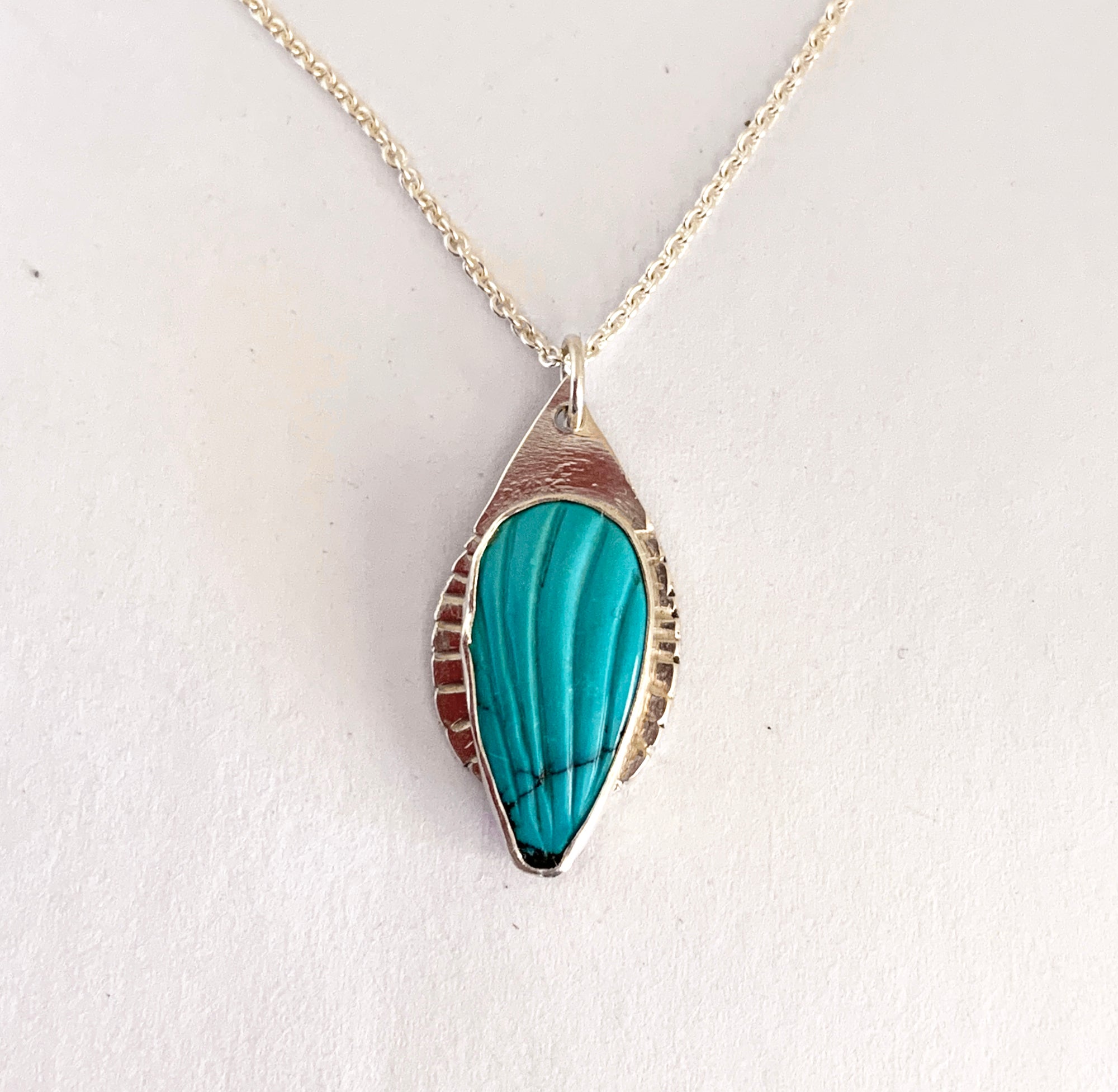 Carved Turquoise Pendant Necklace in Sterling Silver