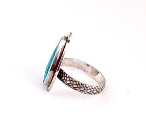 Carved Turquoise Ring with Snake Skin Pattern Band in Sterling Silver