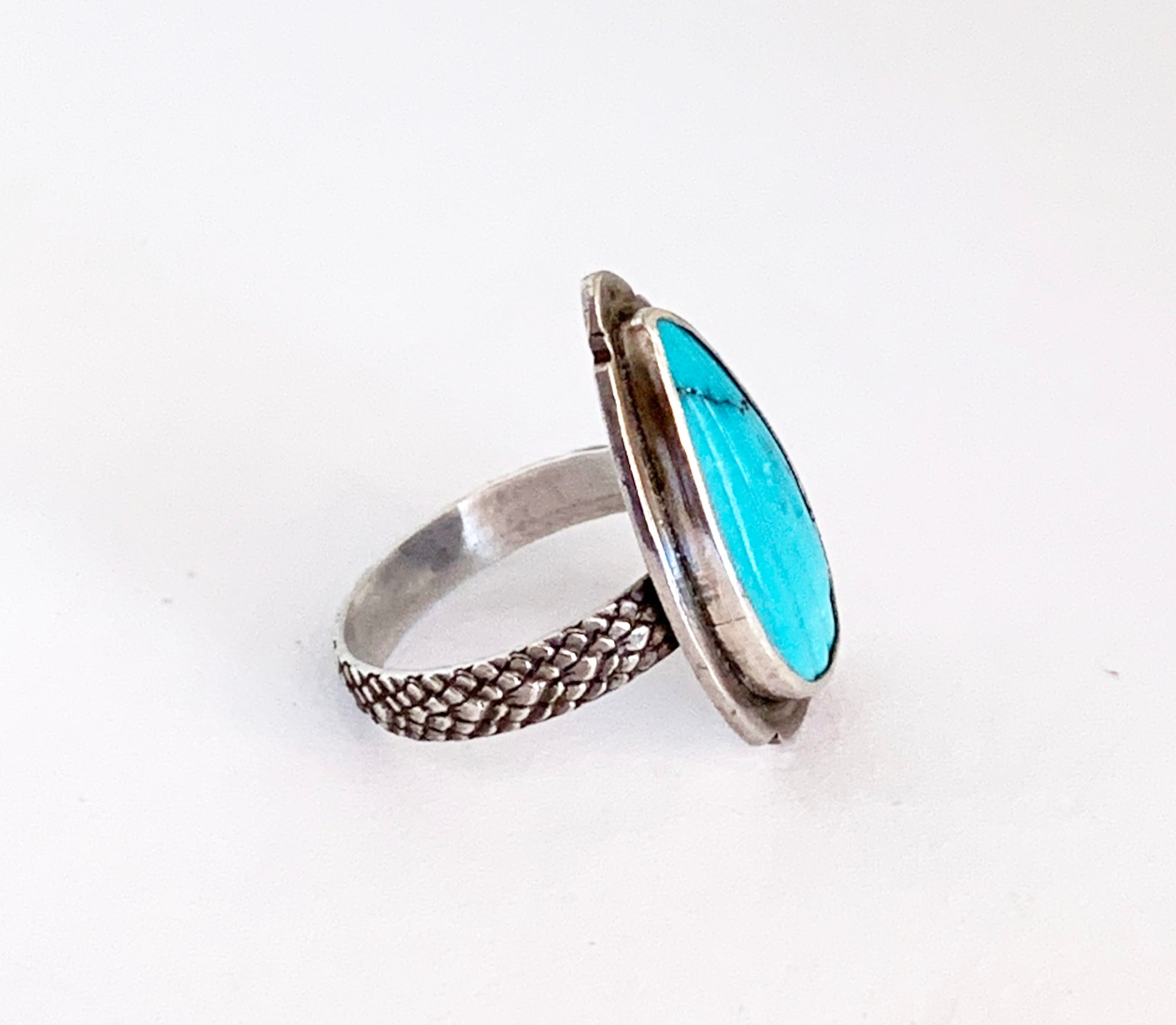 Carved Turquoise Ring with Snake Skin Pattern Band in Sterling Silver