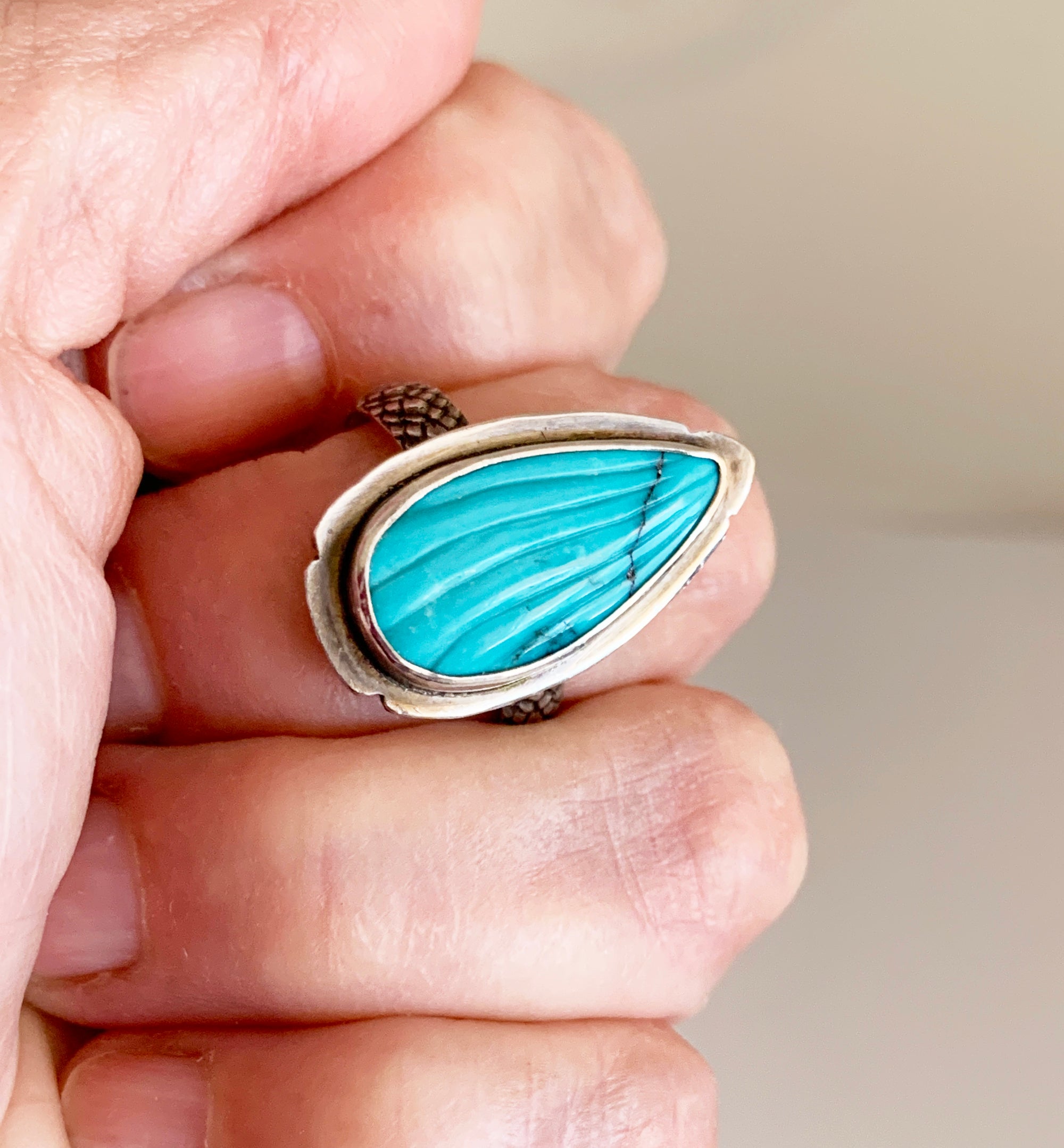 Carved Turquoise Ring with Snake Skin Pattern Band in Sterling Silver