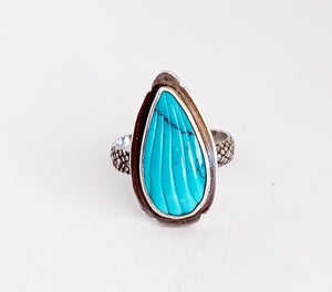 Carved Turquoise Ring with Snake Skin Pattern Band in Sterling Silver