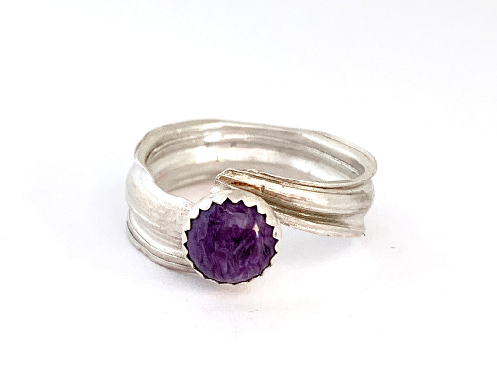 Charoite Ring with Bamboo Leaf Band in Sterling Silver