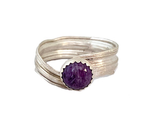 Charoite Ring with Bamboo Leaf Band in Sterling Silver