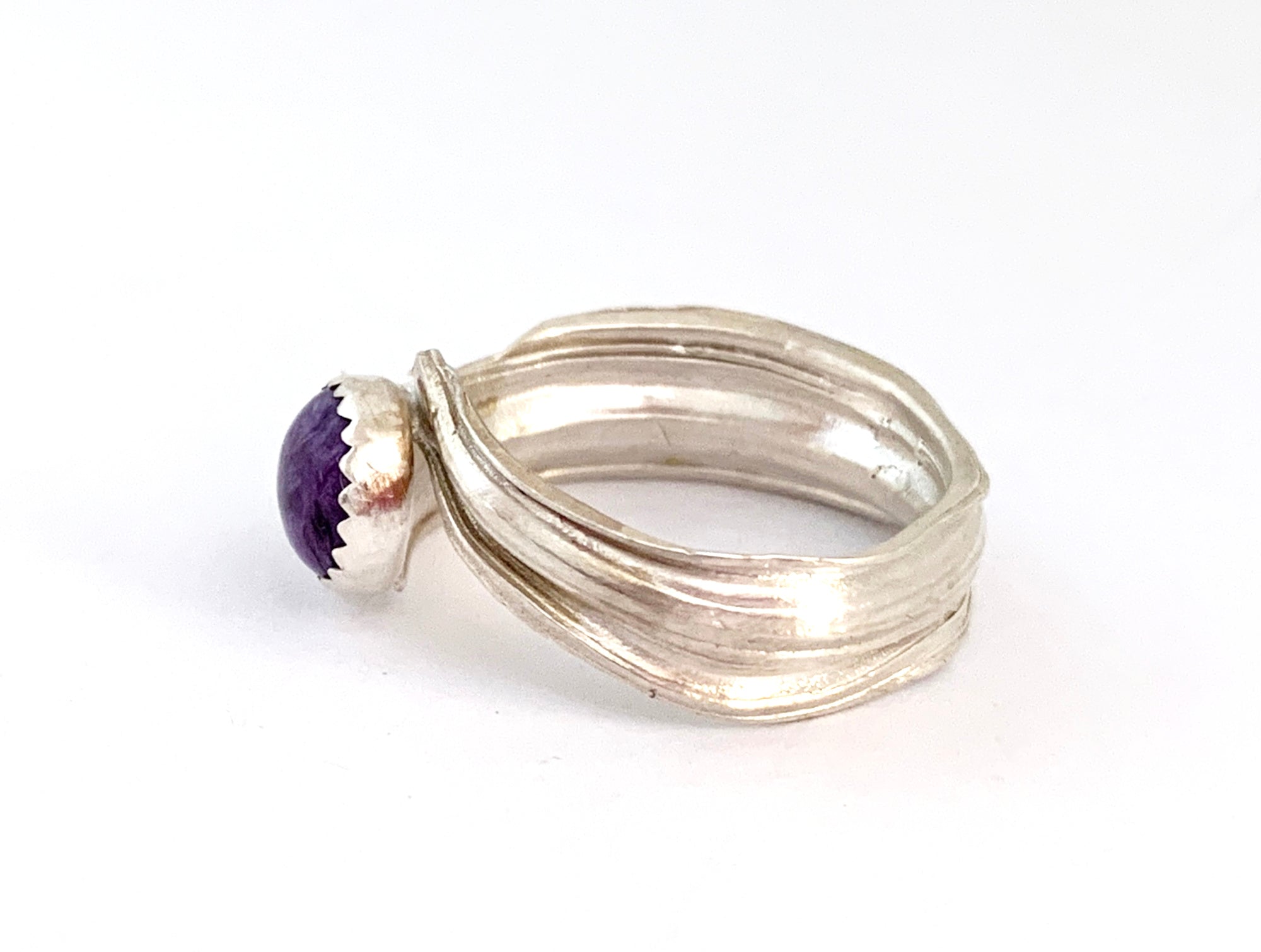 Charoite Ring with Bamboo Leaf Band in Sterling Silver