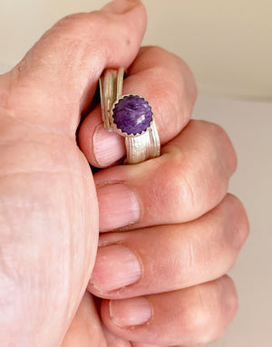 Charoite Ring with Bamboo Leaf Band in Sterling Silver