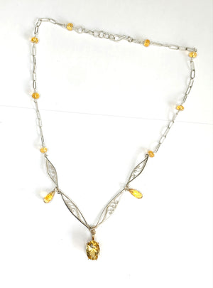 Handmade Fiigree Necklace with Citrine in Silver and 14K Yellow Gold