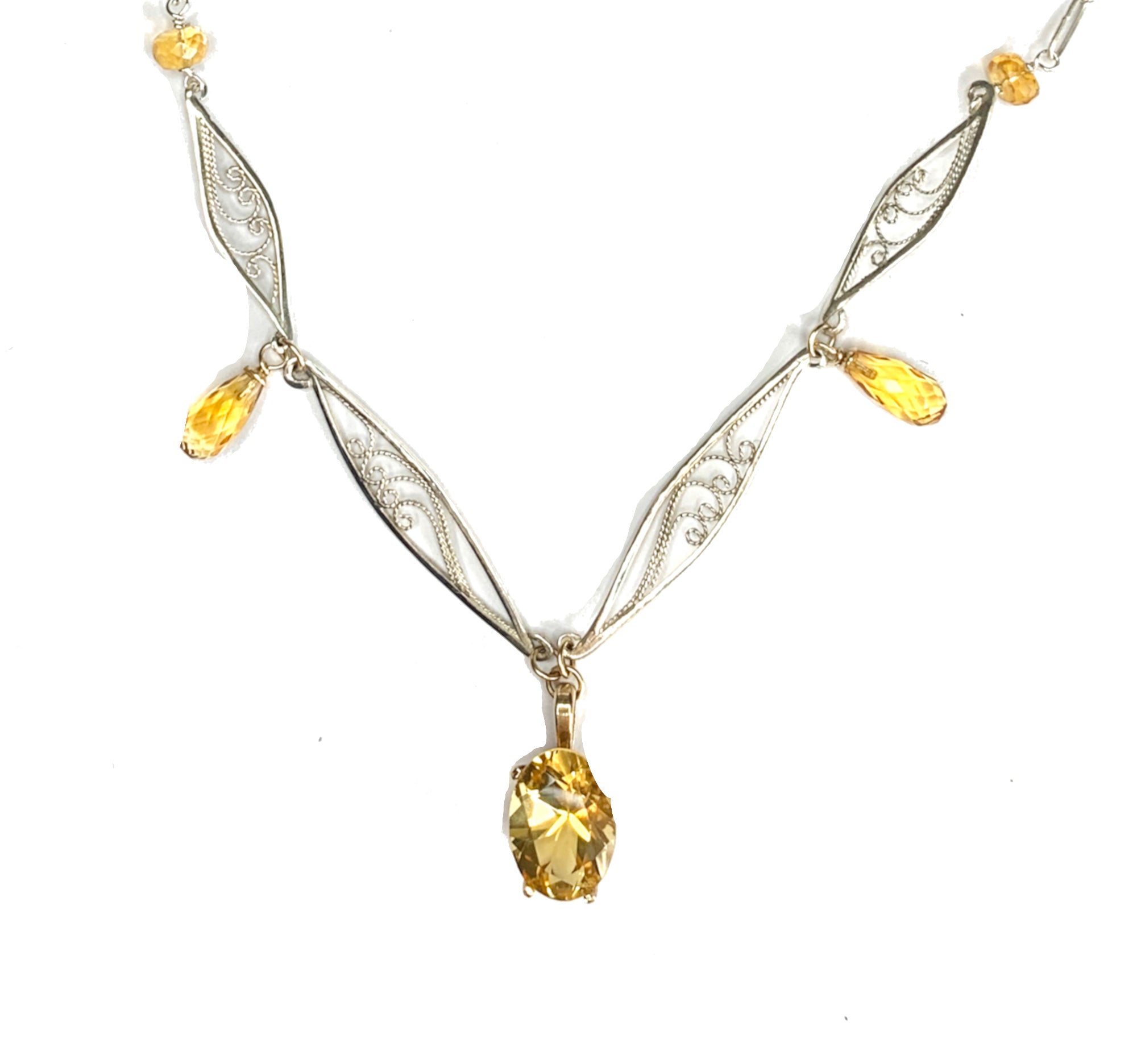 Handmade Fiigree Necklace with Citrine in Silver and 14K Yellow Gold