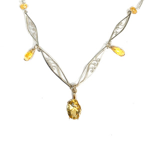 Handmade Fiigree Necklace with Citrine in Silver and 14K Yellow Gold