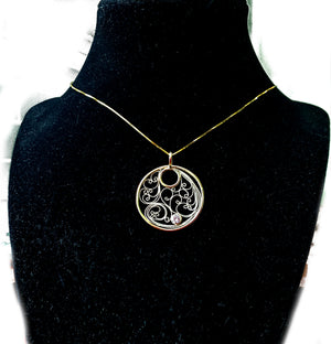 14K yellow gold and fine silver filigree pendant with .25 carat lab created diamond