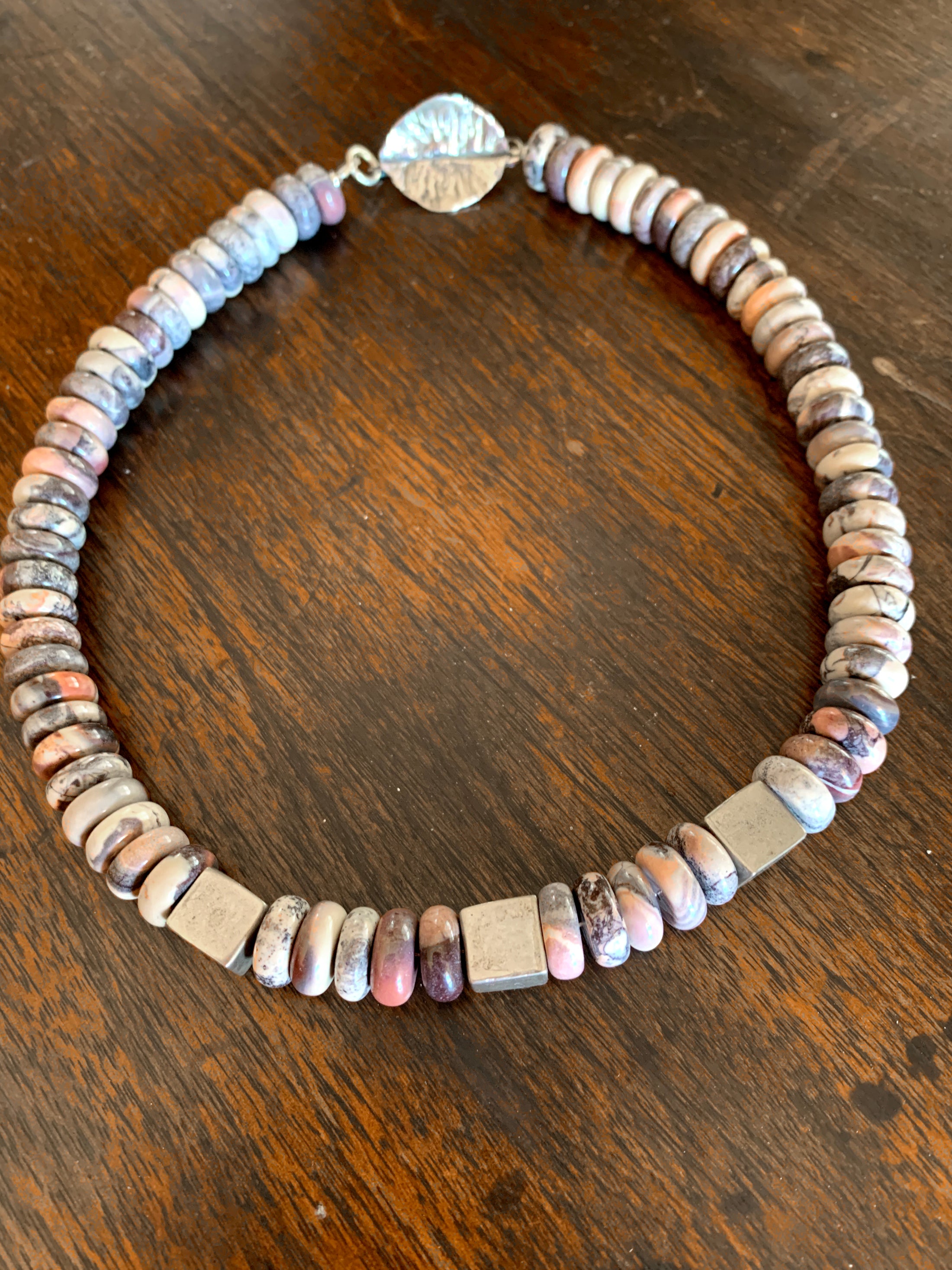 Jasper Rondelle Necklace with Hand Forged Leaf Clasp