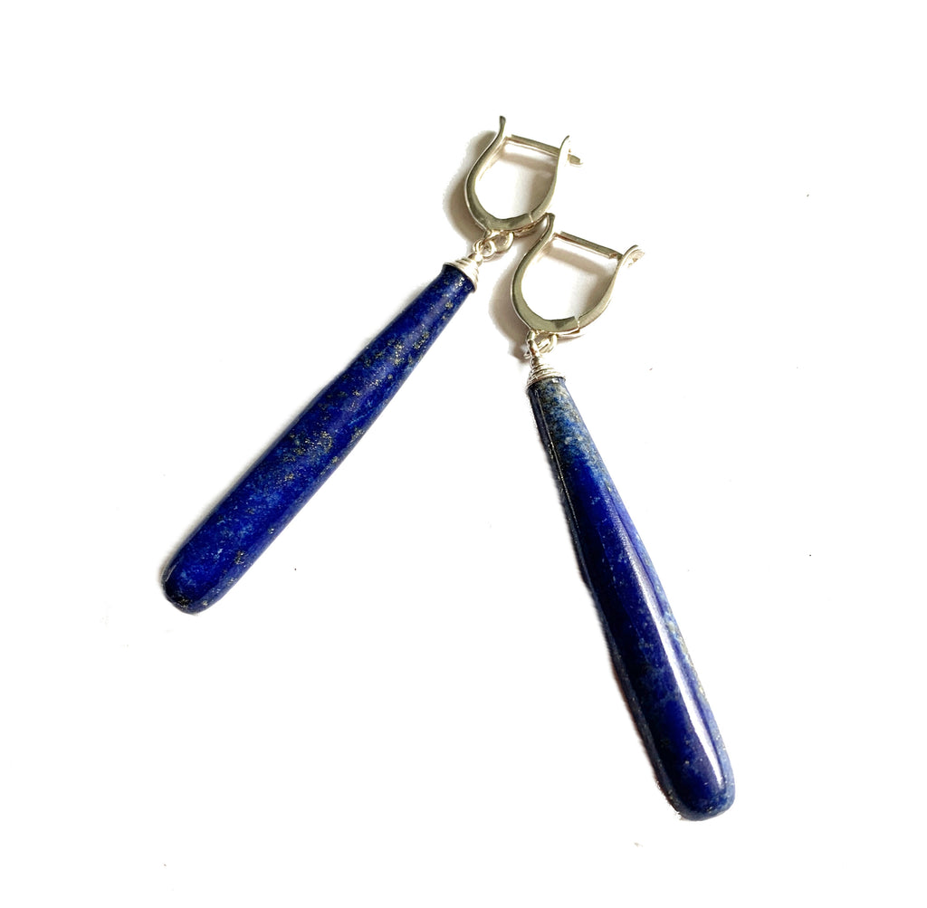 Long Lapis Lazuli Drop Earrings with Sterling Silver Omega Earwires