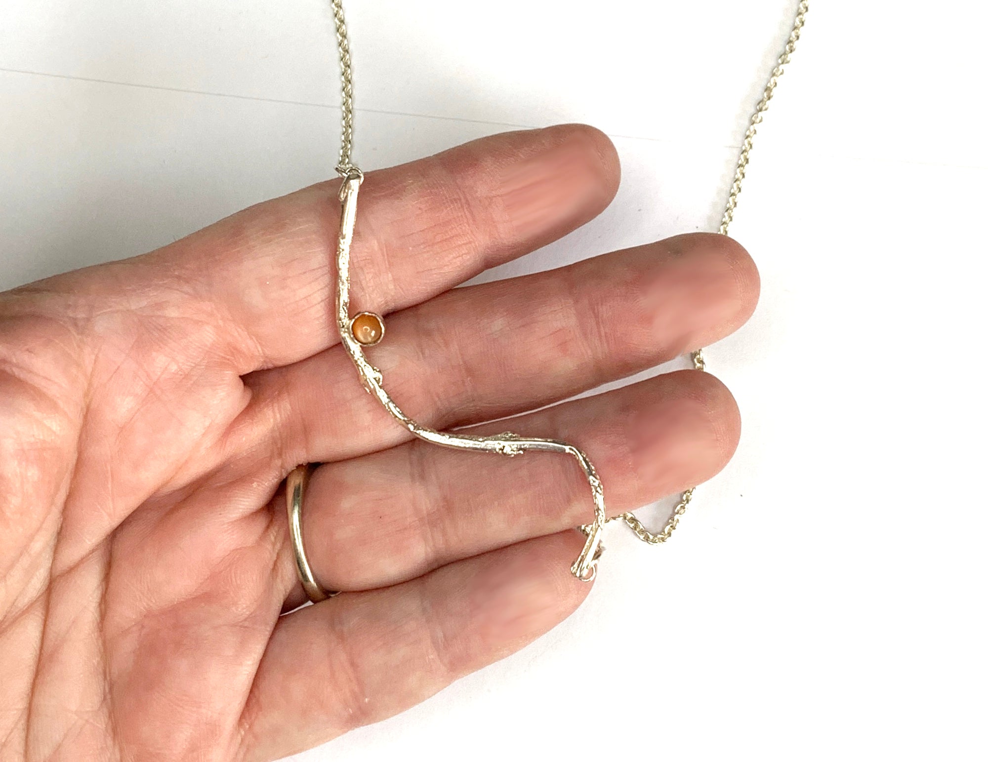 Sterling Silver Olive Twig Necklace with Peach Moonstone