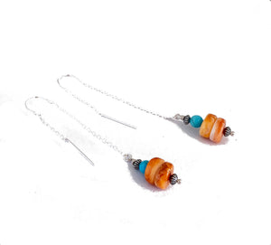 Threader Earrings with Spiny Oyster and Turquoise in Sterling Silver