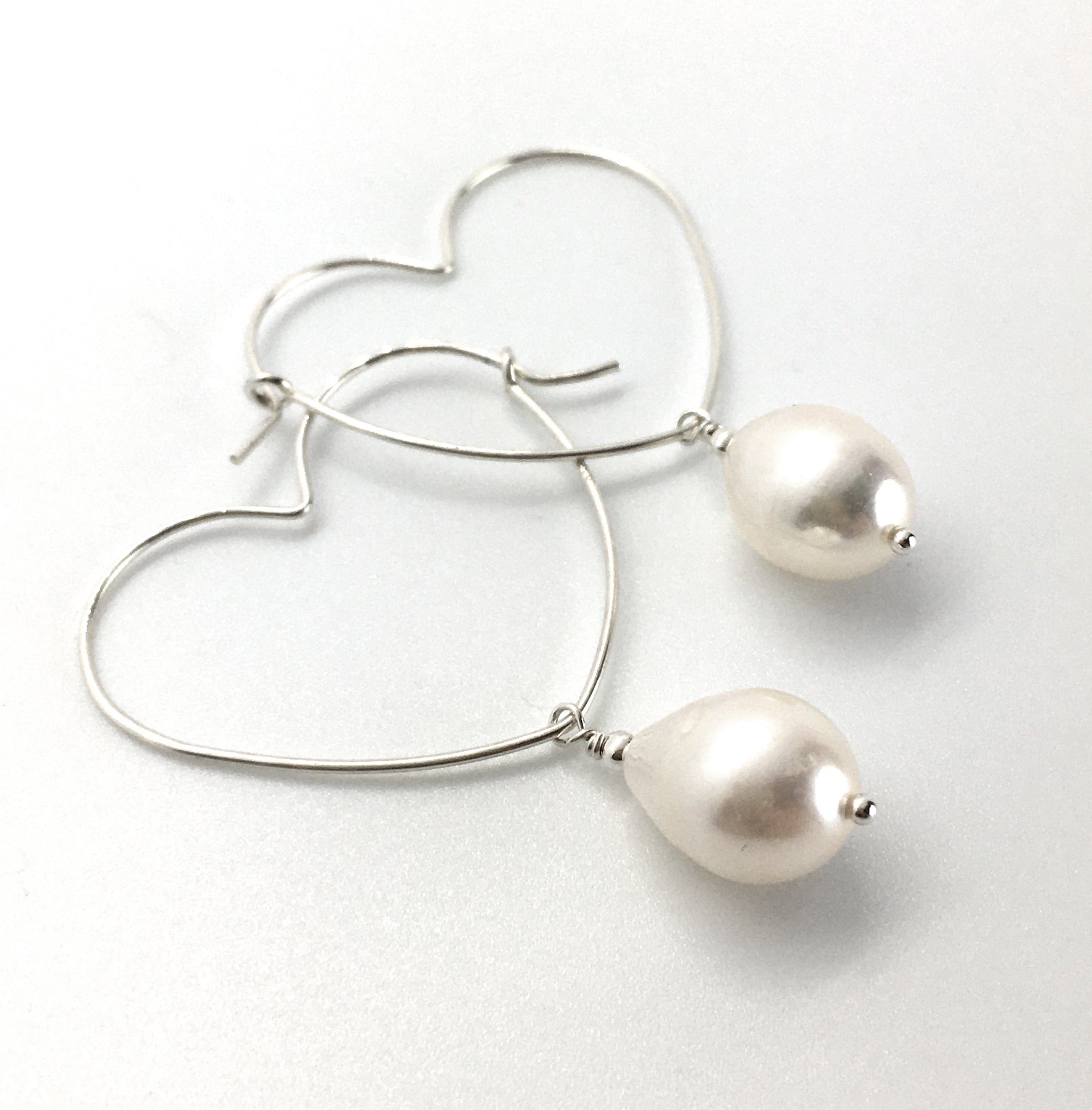 Sterling Silver Heart Hoop Earrings with Teardrop White Pearl