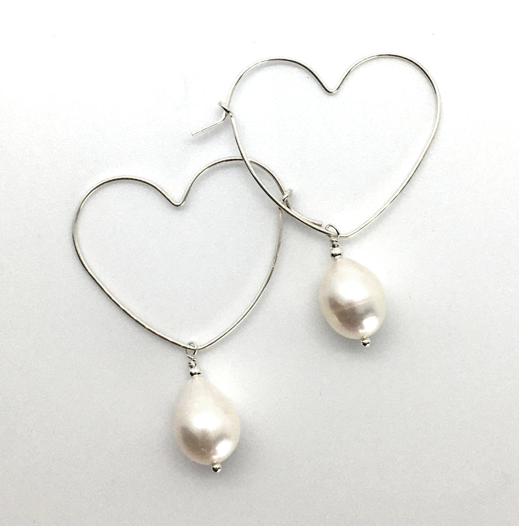 Sterling Silver Heart Hoop Earrings with Teardrop White Pearl