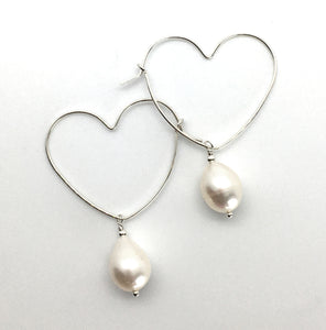 Sterling Silver Heart Hoop Earrings with Teardrop White Pearl