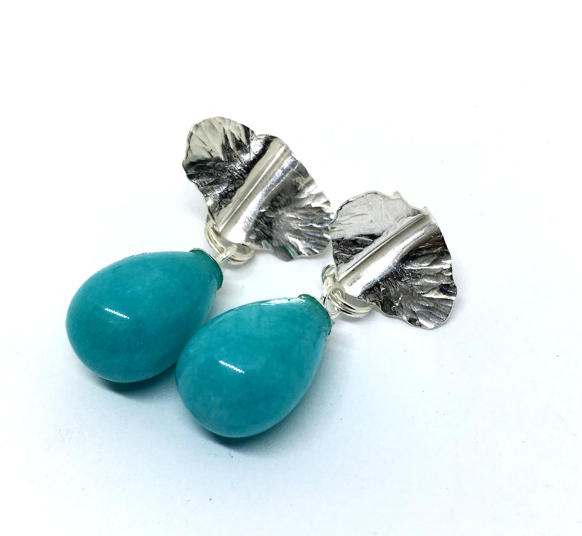 Sterling silver hand forged leaf earrings with amazonite drops