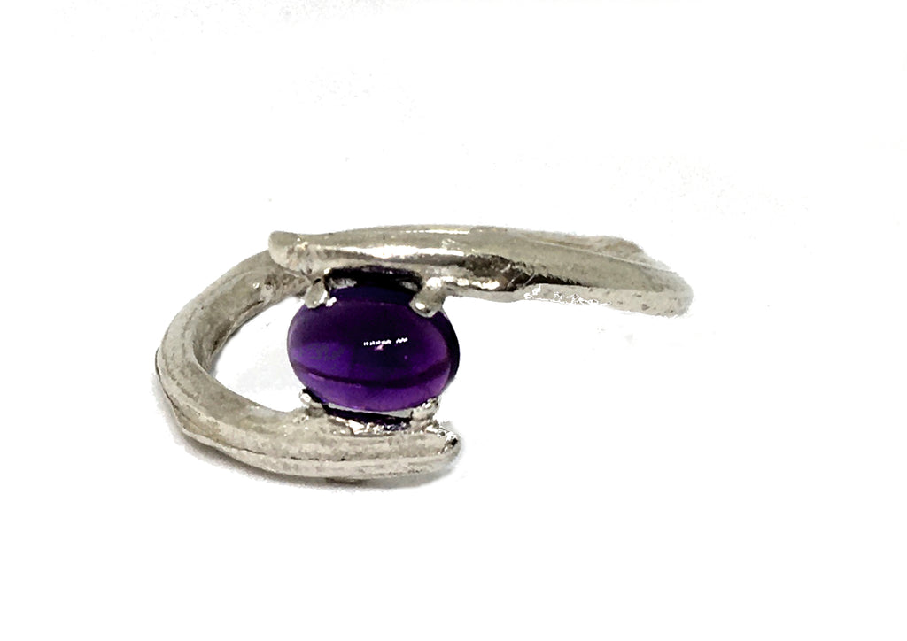 Amethyst Olive Twig Bypass Ring in Sterling Silver