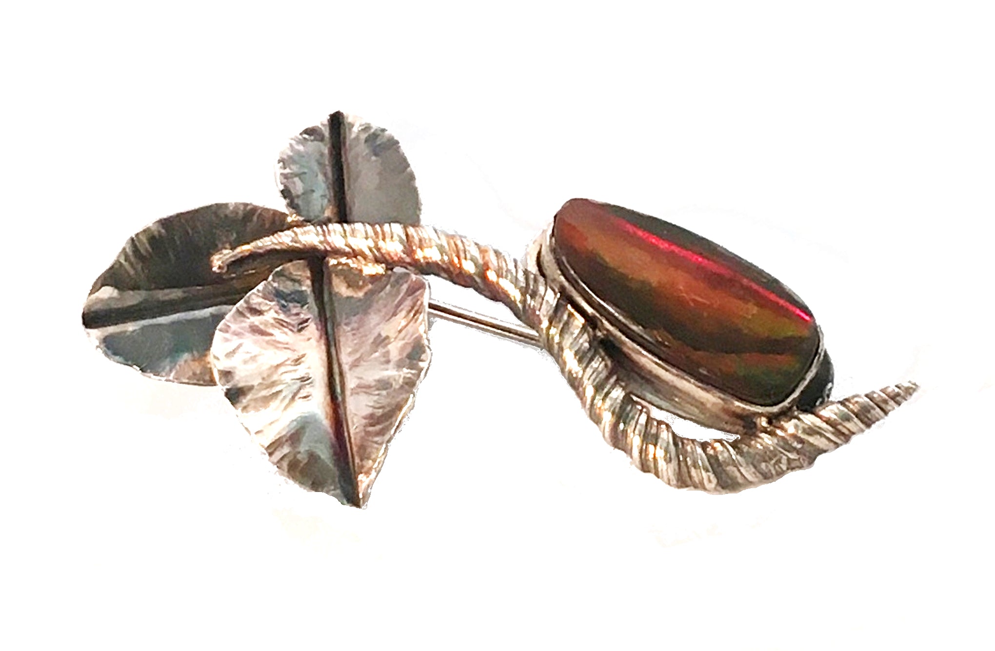 Ammolite Brooch in Sterling Silver with Hand Forged Leaves - Mitsuro Hikime Method