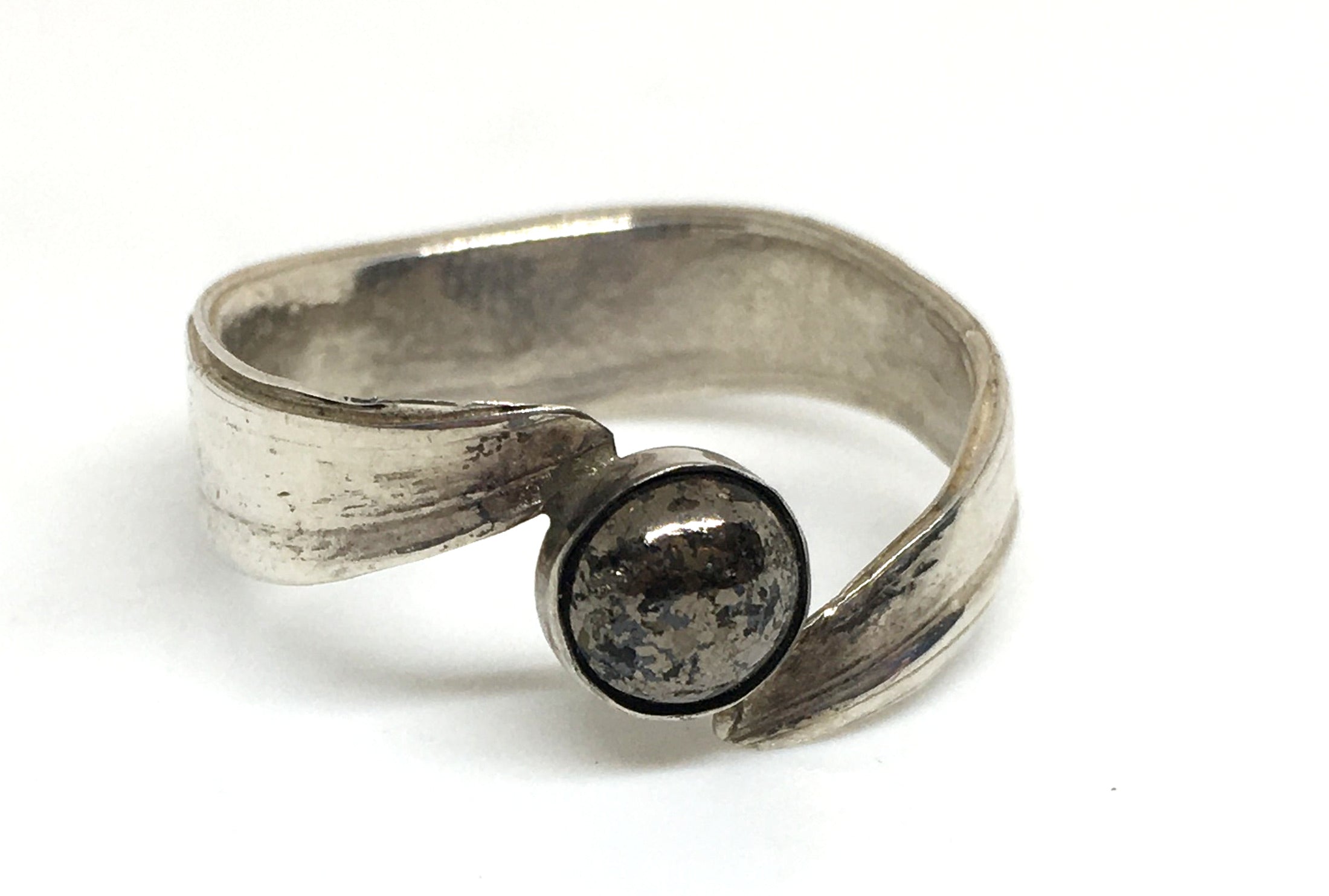 Bamboo Leaf Bypass Ring with Pyrite in Sterling Silver