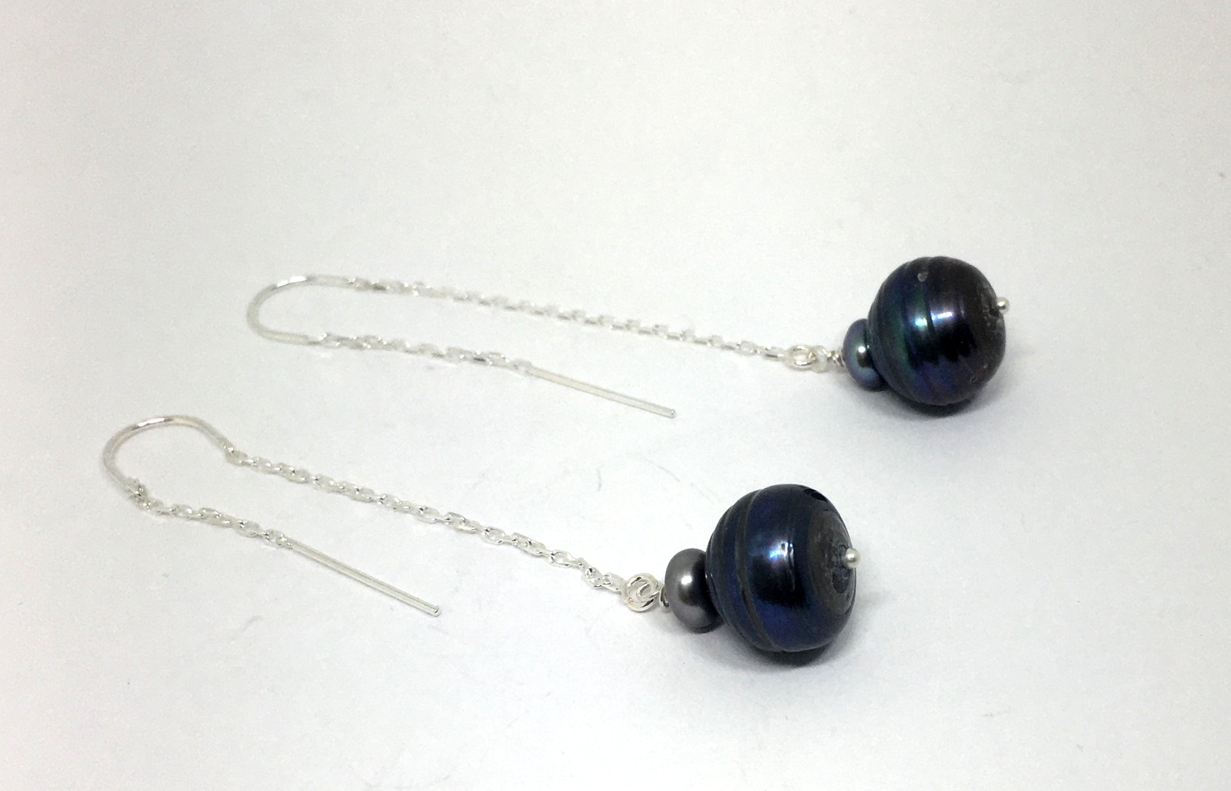Baroque Peacock Pearl Threader Earrings in Sterling Silver