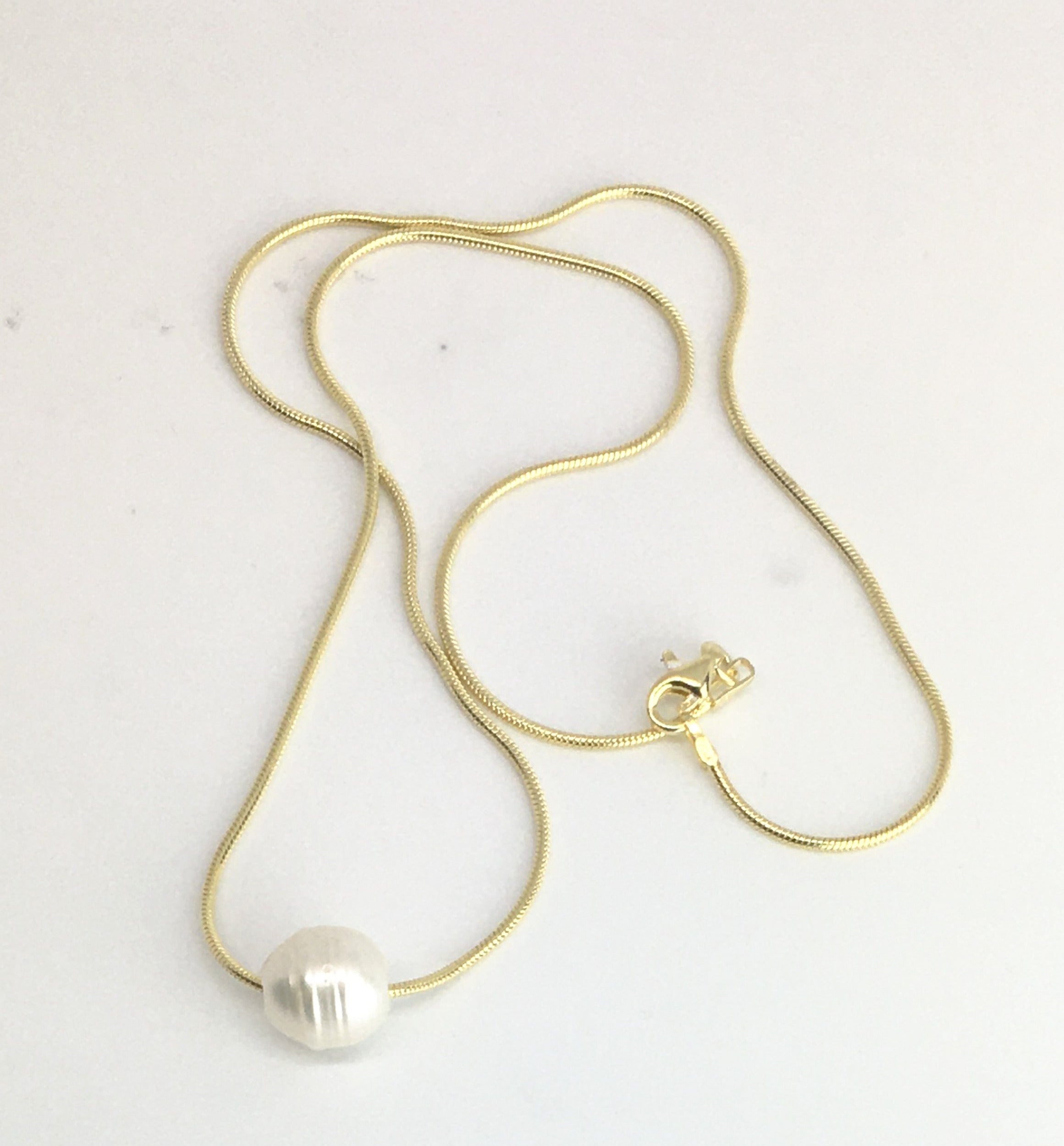 Single Baroque White Pearl on A Gold Plated Sterling Silver Chain