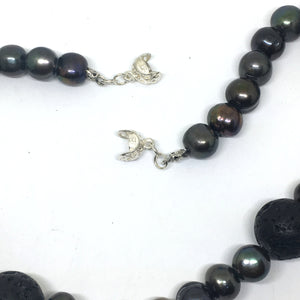 Peacock Freshwater Pearl and Black Lava Necklace