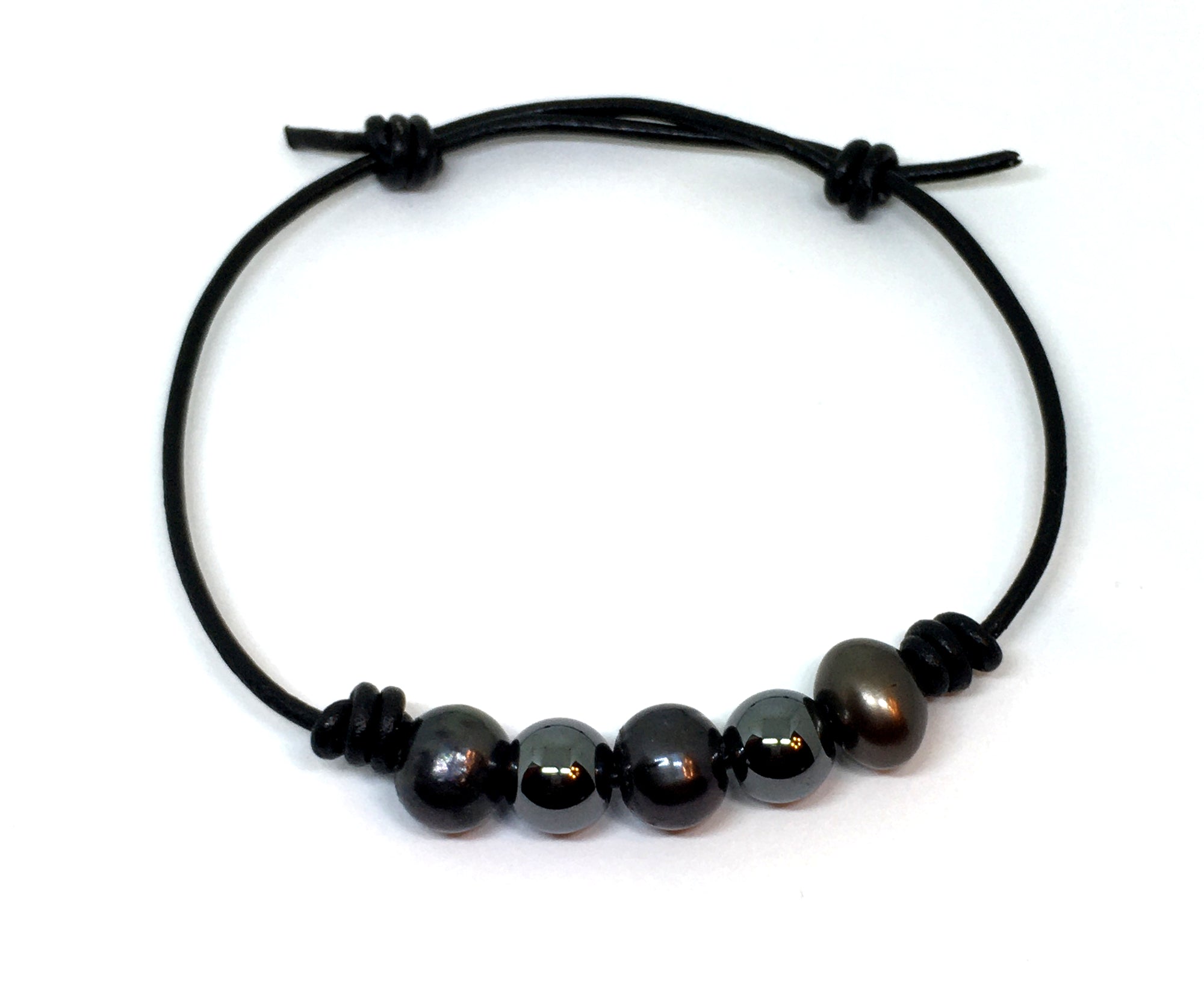 Black Pearl and Hematite Knotted Black Leather Bracelet for Men and Women