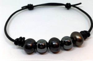 Black Peacock Pearl and Hematite Knotted Leather Bracelet for Men and Women